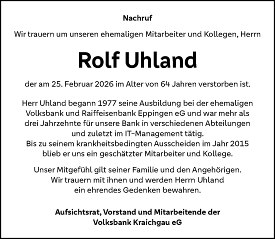 Traueranzeige von Rolf Uhland von GESAMT