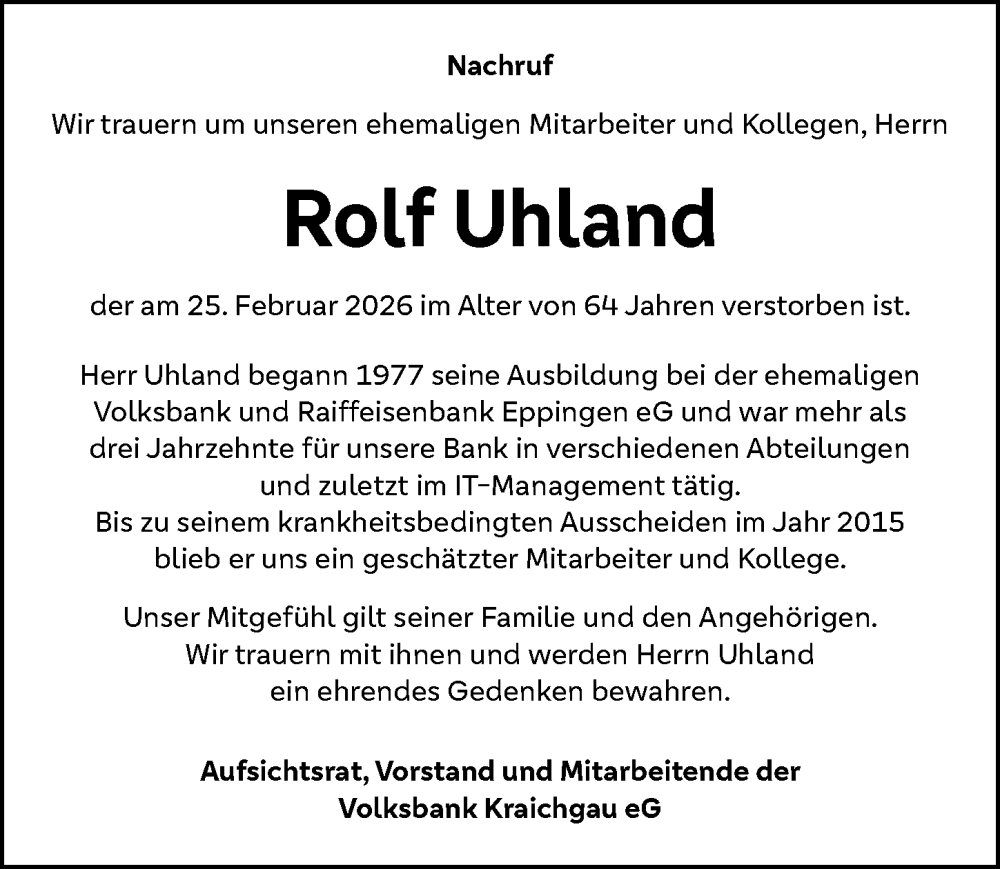 Traueranzeige für Rolf Uhland vom 03.03.2026 aus GESAMT